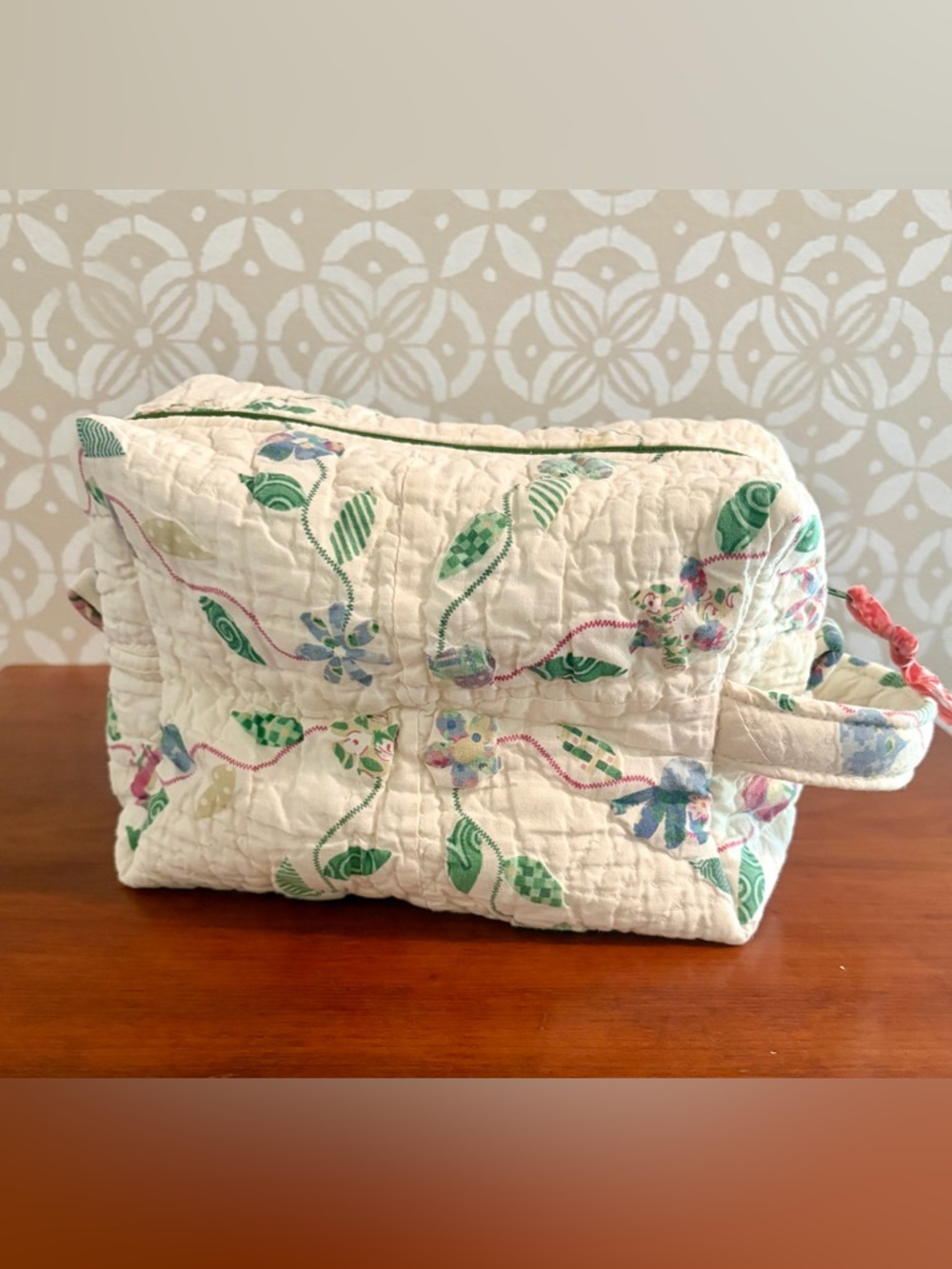Handmade Quilted Floral Toiletry Bag - White with Green & Blue Accents